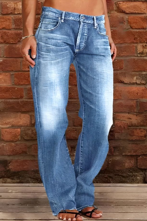 Women's Clothing Denim Trousers Mid Waist Ripped Casual Straight Leg Trousers_ecoleips.com