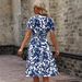 Spring/Summer Short-Sleeved V-Neck Dress With Leaf Print And Wide Skirt, Waist-Bound Design_ecoleips.com