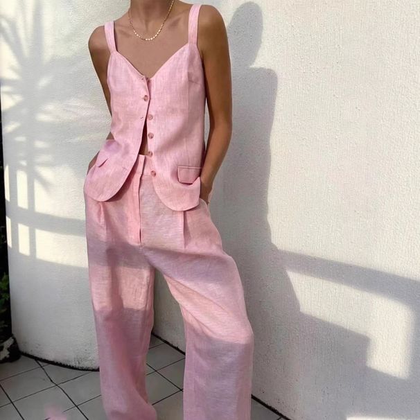 2024 European And American Foreign Trade Women's Clothing, Elegant Solid Color Sleeveless Blazer Set With Suspender_ecoleips.com