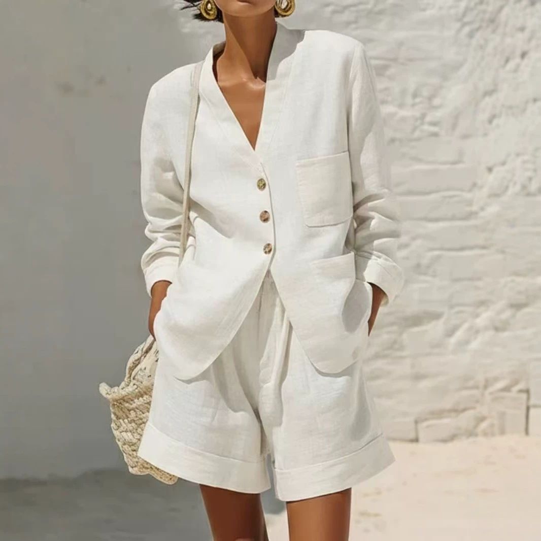 Women's Casual Linen Faux Cotton Suit Two Piece Set Loose Fit with Commuter Pockets_ecoleips.com