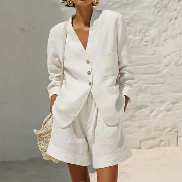 Women's Casual Linen Faux Cotton Suit Two Piece Set Loose Fit with Commuter Pockets_ecoleips.com