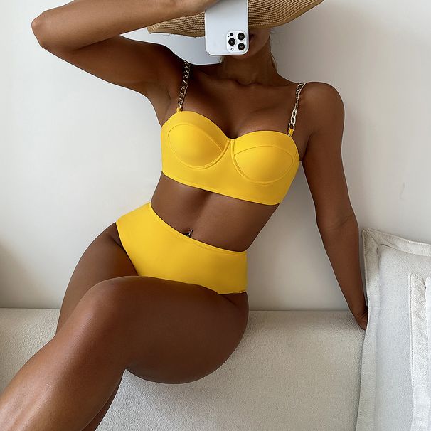 Women's Clothing Solid Color Bikini Swimsuit Sexy Split High Waist Belly Covering Bikini Swimsuit_ecoleips.com