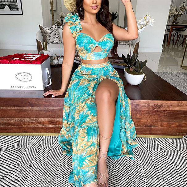 Women's Clothing Print Sexy One Shoulder Two Piece Skirt_ecoleips.com
