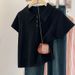 Loose Polo Collar Solid Color Short Sleeve T Shirt Women 2025 Summer High End American Style Straight Shoulder Knitted Sweater Lapel Top_ecoleips.com