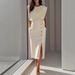 2025 European And American Women's Clothing Round Neck Sleeveless Buttoned Slit Solid Color Long Dress_ecoleips.com
