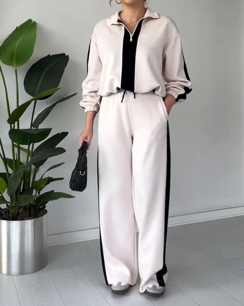Women's Clothing Casual Fashion Colorblock Zipper Lapel Long Sleeve Top and Pants Two piece Set_ecoleips.com
