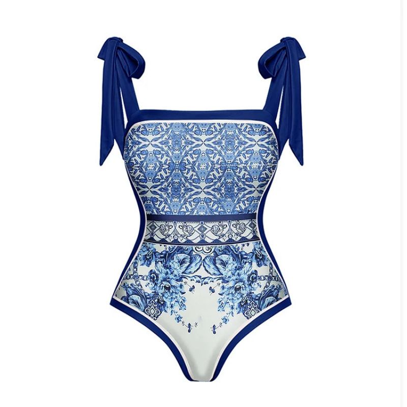 Blue Ethnic Style Swimsuit One Piece Set Women Bow Tie Print_ecoleips.com