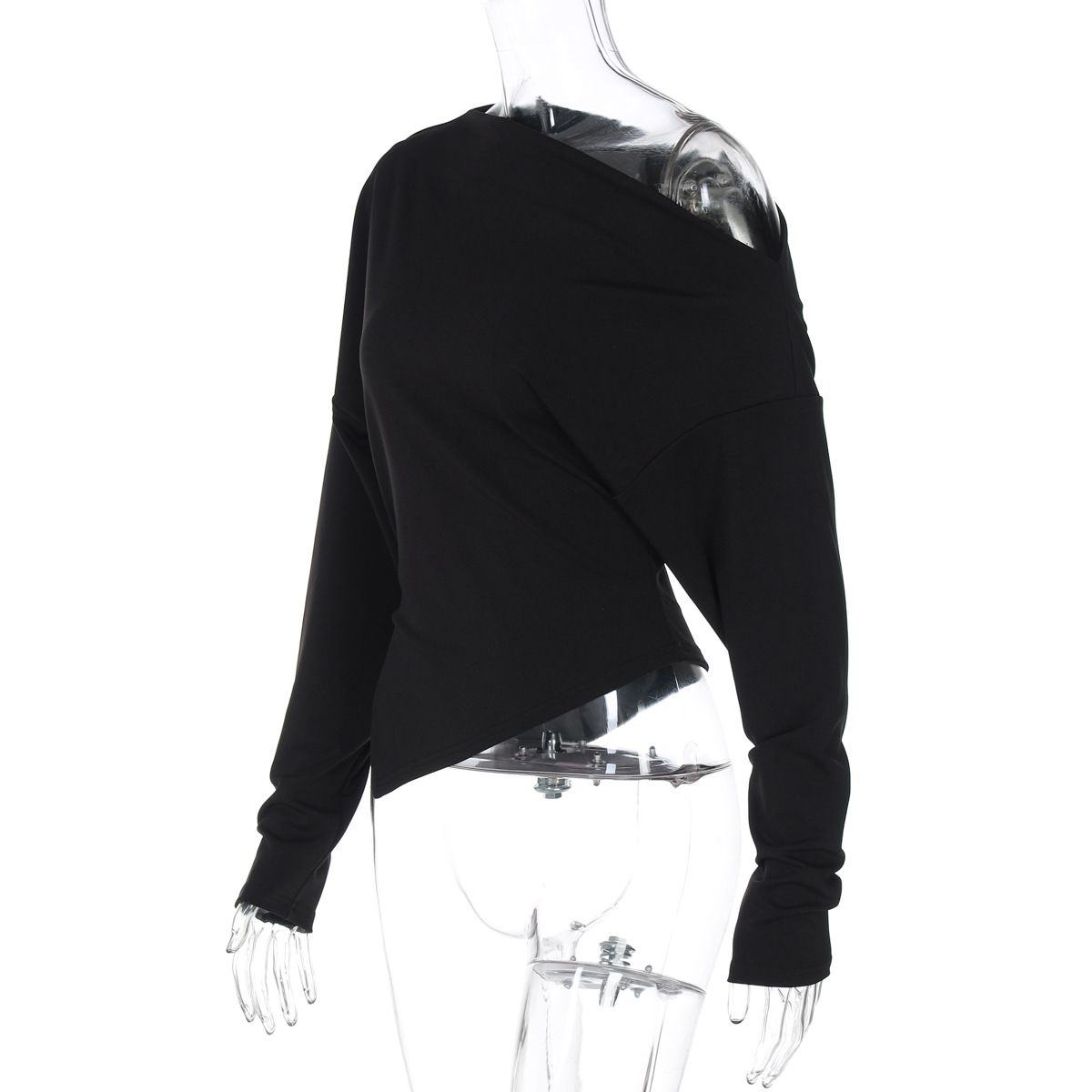 2025 Summer New Fashion Simple Asymmetrical Shoulder Stretch Slim Fit Split Long Sleeve T-Shirt Wholesale_ecoleips.com