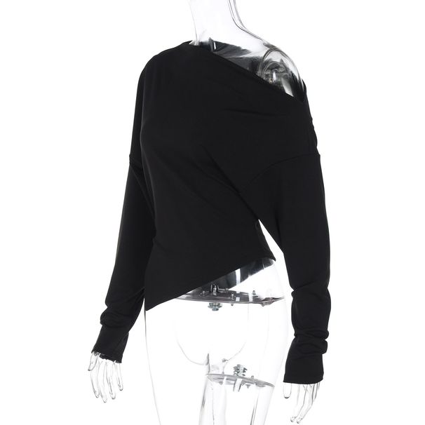 2025 Summer New Fashion Simple Asymmetrical Shoulder Stretch Slim Fit Split Long Sleeve T-Shirt Wholesale_ecoleips.com