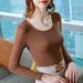 Mesh Base Shirt, Women's Spring And Autumn Clothes, Crew Neck Basic Long-Sleeved T-Shirt, Stretch Inner With Solid Color_ecoleips.com