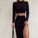 016AA European American Foreign Trade Autumn New Sexy Tight-fitting Cropped Long-sleeve Top With Slit And Bodycon Skirt_ecoleips.com