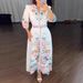 Women's Clothing Holiday Positioning Flower Three Quarter Sleeve Slim Fitting Tie Shirt Long Skirt_ecoleips.com