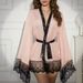 Aria Basics Pink European And American Style Women's Sexy Bathrobe, Home Wear Long-sleeved Lace-up Robe, Lace-spliced Nightgown_ecoleips.com
