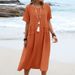 Women's Summer Casual Dress Loose Fit Round Neck Short Sleeve Mid Length Cotton Linen Solid Color_ecoleips.com