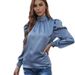 Commuter Smooth Satin Solid Color Plaid Round Neck Loose-Fitting Long-Sleeved Women's Shirt_ecoleips.com