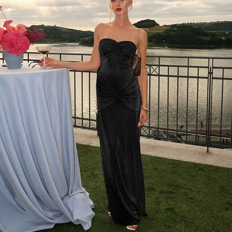 Talenza Strapless Glitter Long Dress Women's Sexy Fashion Backless Pleated Skinny Long Dress Glitter Luxury Party Evening Dress_ecoleips.com