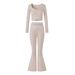 MUZI New V-neck Crossed Long Sleeve Sports T-shirt Yoga For Women With Lace Butt-lifting Flared Pants Two-piece Set_ecoleips.com