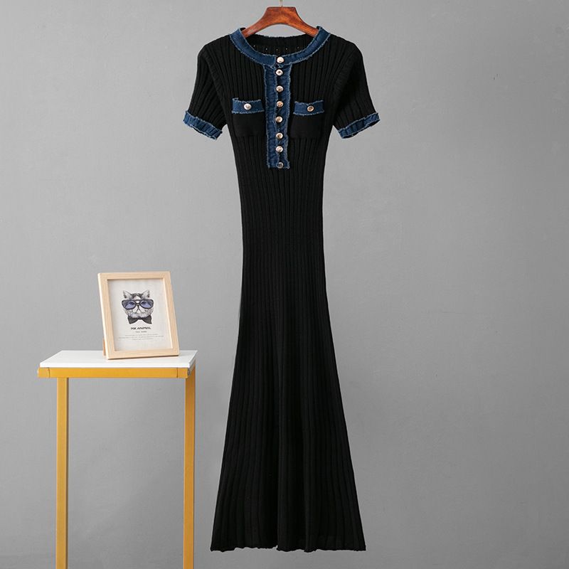 Women's High-End Denim & Knit Maxi Dress - Slim Waist Summer Long Skirt With Short Sleeves & Splicing Detail_ecoleips.com