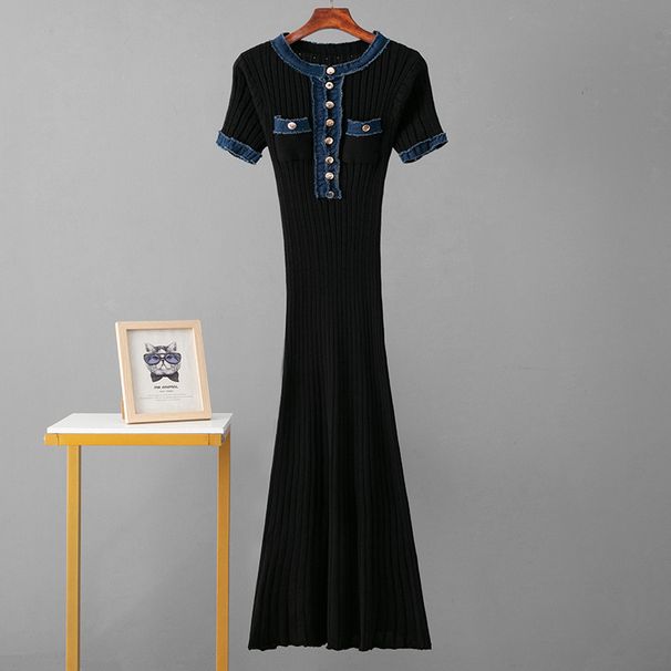 Women's High-End Denim & Knit Maxi Dress - Slim Waist Summer Long Skirt With Short Sleeves & Splicing Detail_ecoleips.com