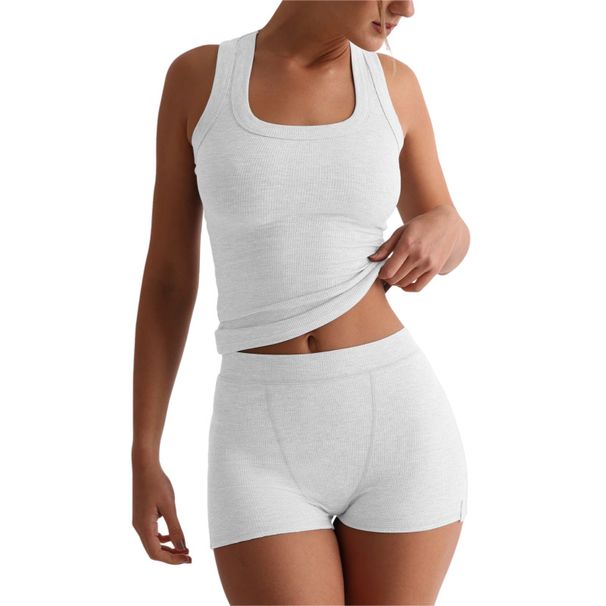 Women's Slim Fit Vest And High Waist Shorts Set Casual round Neck Solid Color Y2K Style Hot Girl European Export_ecoleips.com