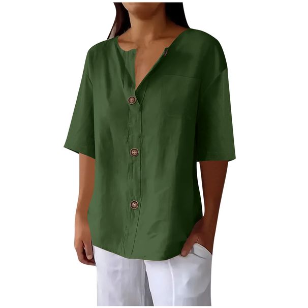 Women's Clothing Summer New Loose T Shirts For Women V Neck Cotton And Linen Button Tops_ecoleips.com