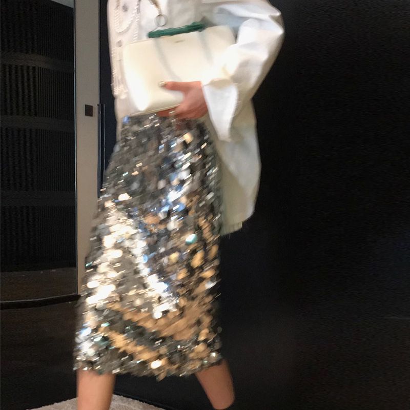Jinqian Women's Sequined Skirt High Waist Slim Design Winter New Medium And Long Straight Skirt 2023_ecoleips.com