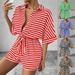 Women's Clothing Spring And Summer Striped Lapel Cardigan Button Mid Sleeve Belt Shorts Suit Jumpsuit_ecoleips.com