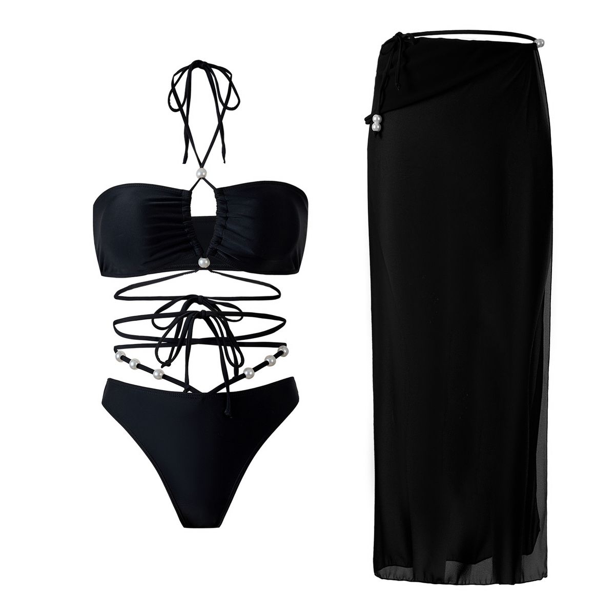Women's Clothing New Split Swimsuit Women's Sexy Neck Tie Chiffon Wrap Skirt Three-piece Suit_ecoleips.com
