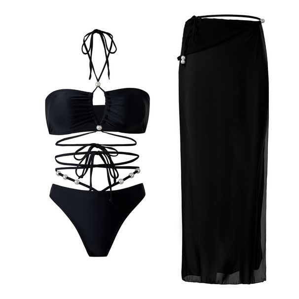 Women's Clothing New Split Swimsuit Women's Sexy Neck Tie Chiffon Wrap Skirt Three-piece Suit_ecoleips.com