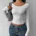 2025 New Foreign Trade European And American Striped Short Top Large U-Neck Collarbone-Exposing Long Sleeve_ecoleips.com