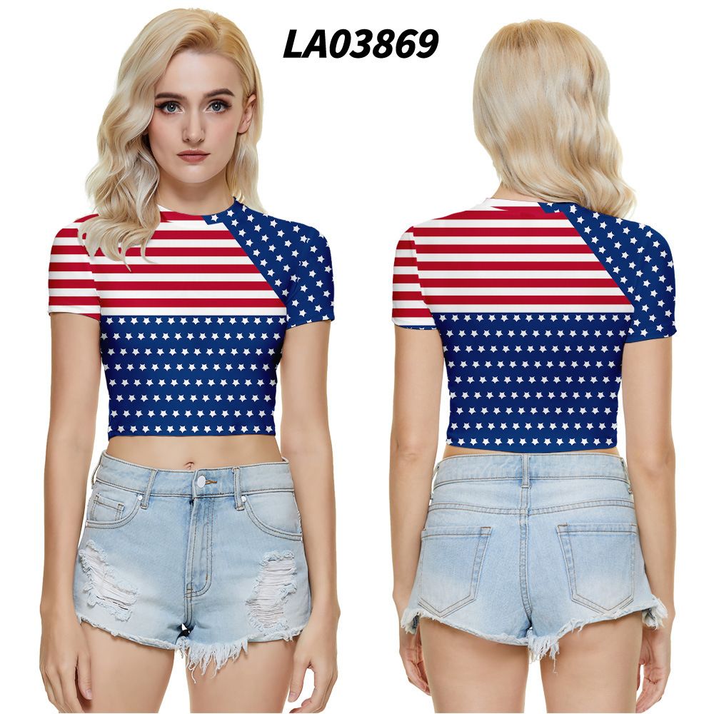 2021 New . Women's Clothing Cross-Border American Independence Day Print Slim-Fit Short-Sleeve Cropped T-Shirt_ecoleips.com