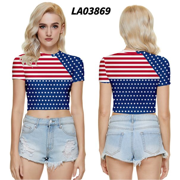 2021 New . Women's Clothing Cross-Border American Independence Day Print Slim-Fit Short-Sleeve Cropped T-Shirt_ecoleips.com