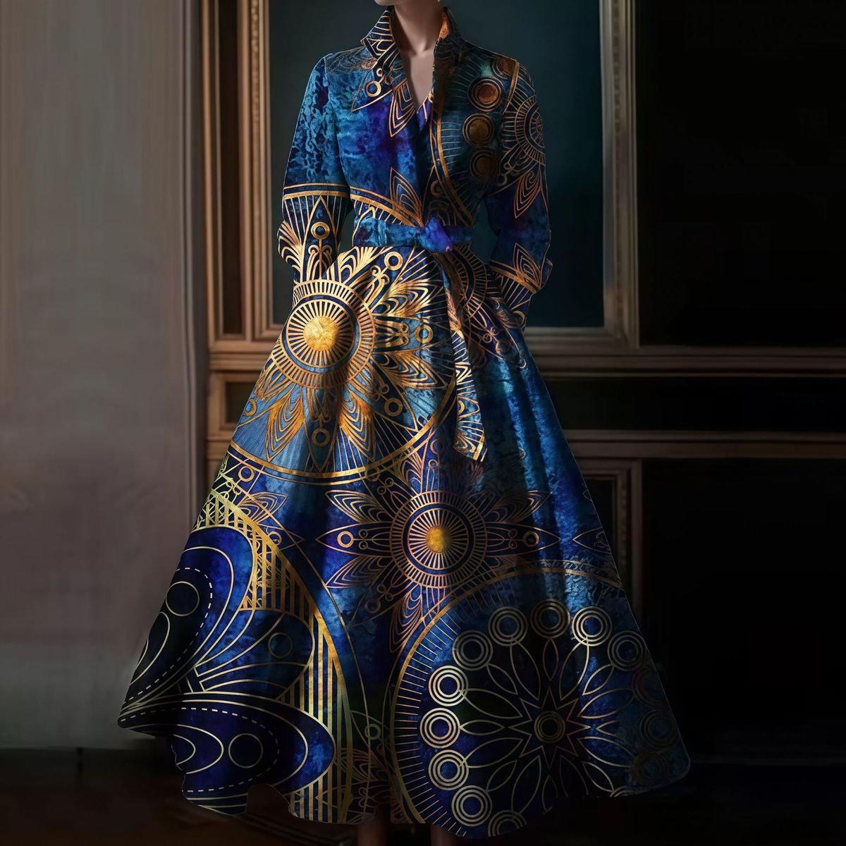 Women's Clothing Retro Stand Collar Strappy Long Sleeved Dress For Women Winter New High End Temperament Elastic Waist Evening Dress_ecoleips.com