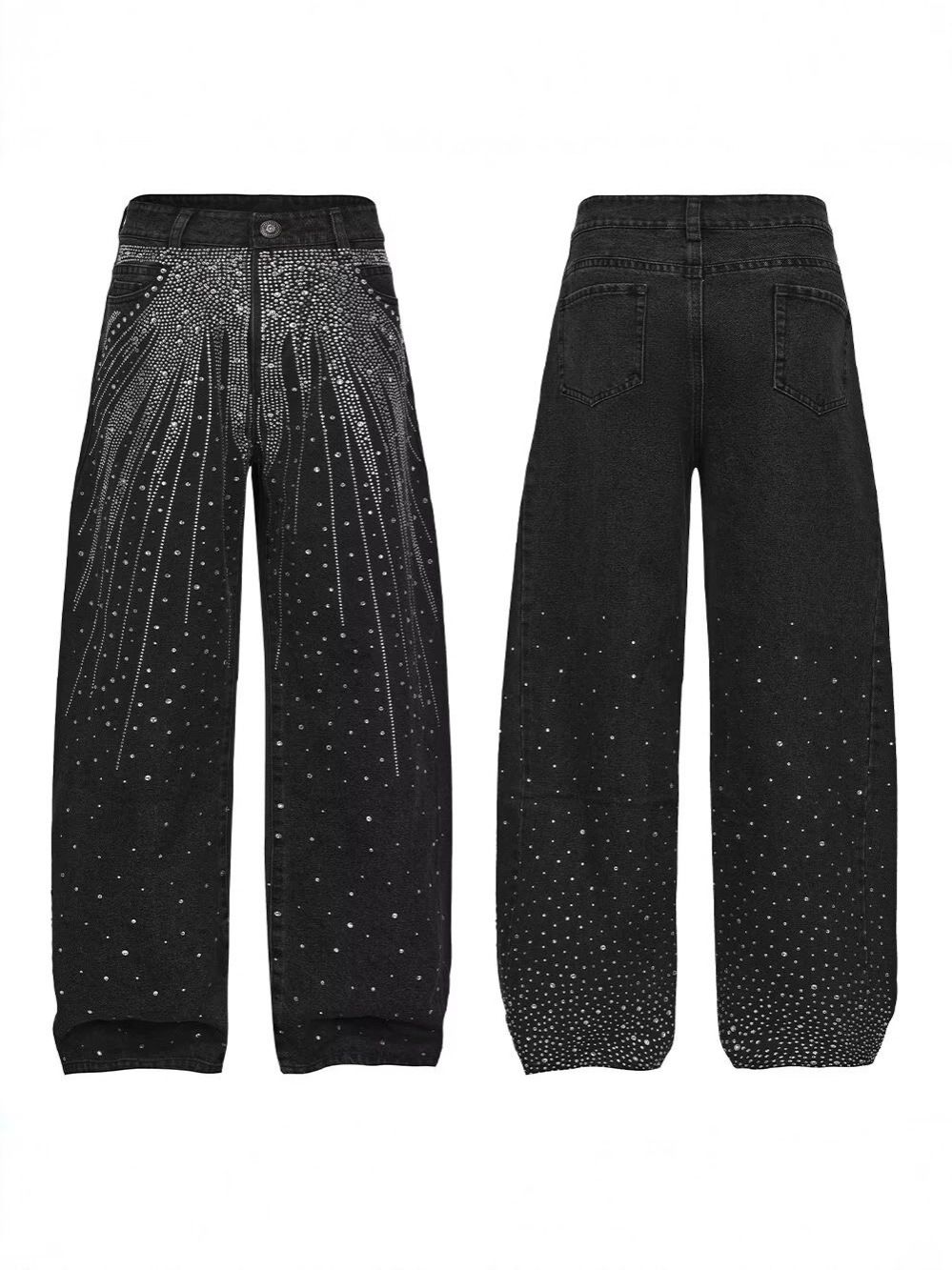 Plus Size Slimming Washed Denim Jeans Rhinestone Embellished Straight Leg Loose Fit Women's Spring/Autumn Solid Color Jeans_ecoleips.com