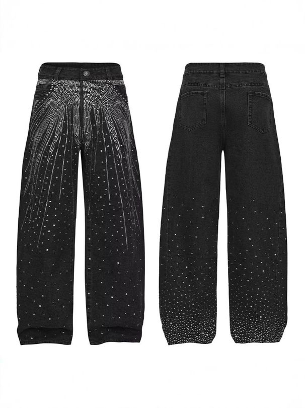Plus Size Slimming Washed Denim Jeans Rhinestone Embellished Straight Leg Loose Fit Women's Spring/Autumn Solid Color Jeans_ecoleips.com