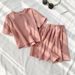 Women's Waffle Knit Short Sleeve T-Shirt & Wide Leg Shorts 3-Piece Set - Casual Loungewear Outfit_ecoleips.com