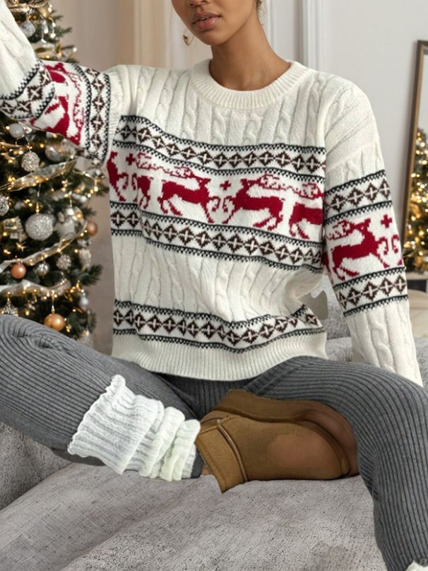 "Whimsical Reindeer Knit – Festive Fair Isle Crewneck For Cozy Holiday Magic (S/M/L/XL, Snow White) – Jingle-Free Joy"_ecoleips.com