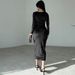 K New Women's Fashion Solid Color Slimming Fold Round Neck Long Sleeve Dress Dress_ecoleips.com