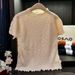 Women's Clothing Stand Collar Pleated One Piece Fold Sun Embossed T Shirt Pullover Solid Color Short Sleeved Top Classic Heavy Embroidery Style_ecoleips.com