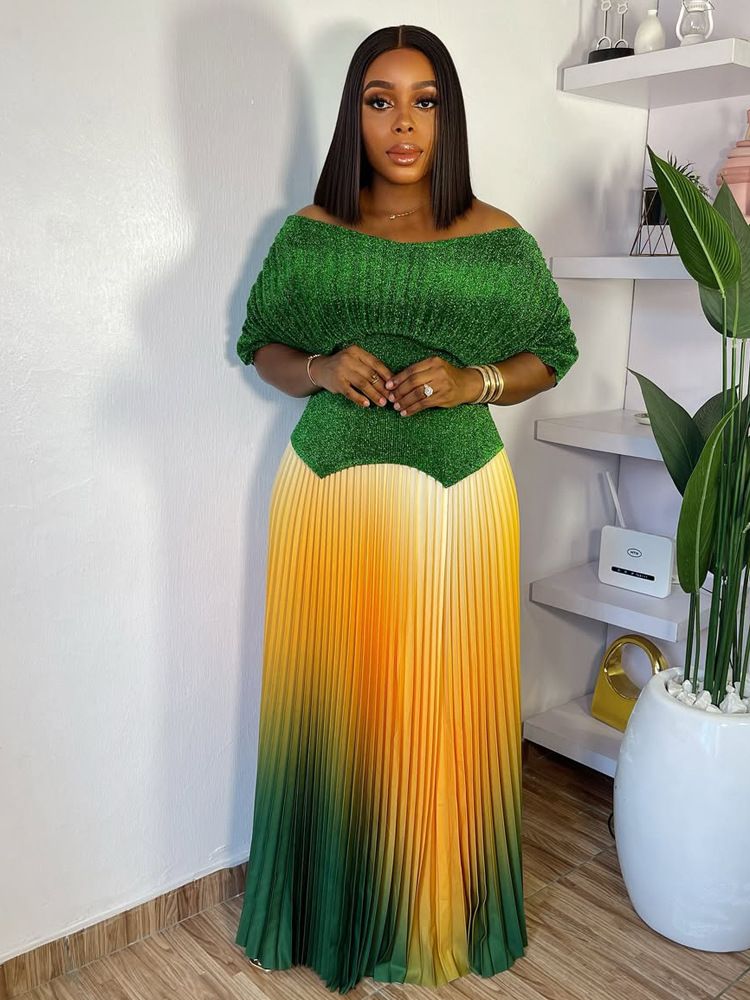 Women's Clothing 2 Piece Set African Plus Size Women's Clothing High End Gradient Pleated Skirt Pleated Top Slim Commuting Fashionable Skirt_ecoleips.com