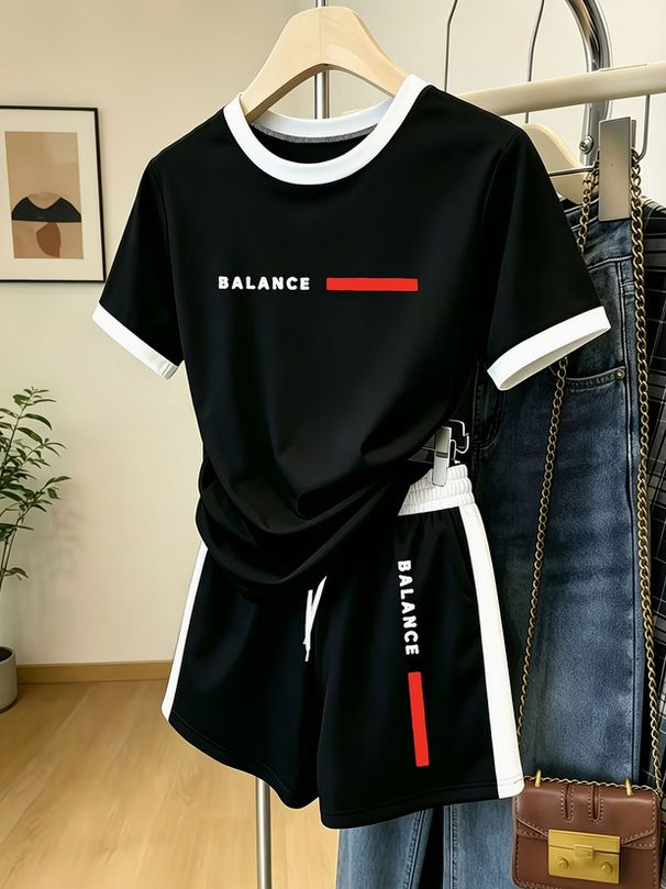 Summer European American Style Women's 2 Piece Set BALANCE Letter Print Casual Short Sleeve Shirt And Shorts_ecoleips.com
