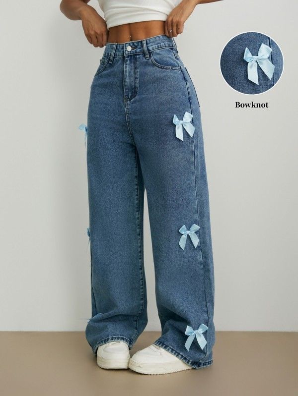 Women's Clothing Y2K Street Style Bow Collage Washed Jeans Loose Straight Wide Leg Trousers For Women Fashion_ecoleips.com
