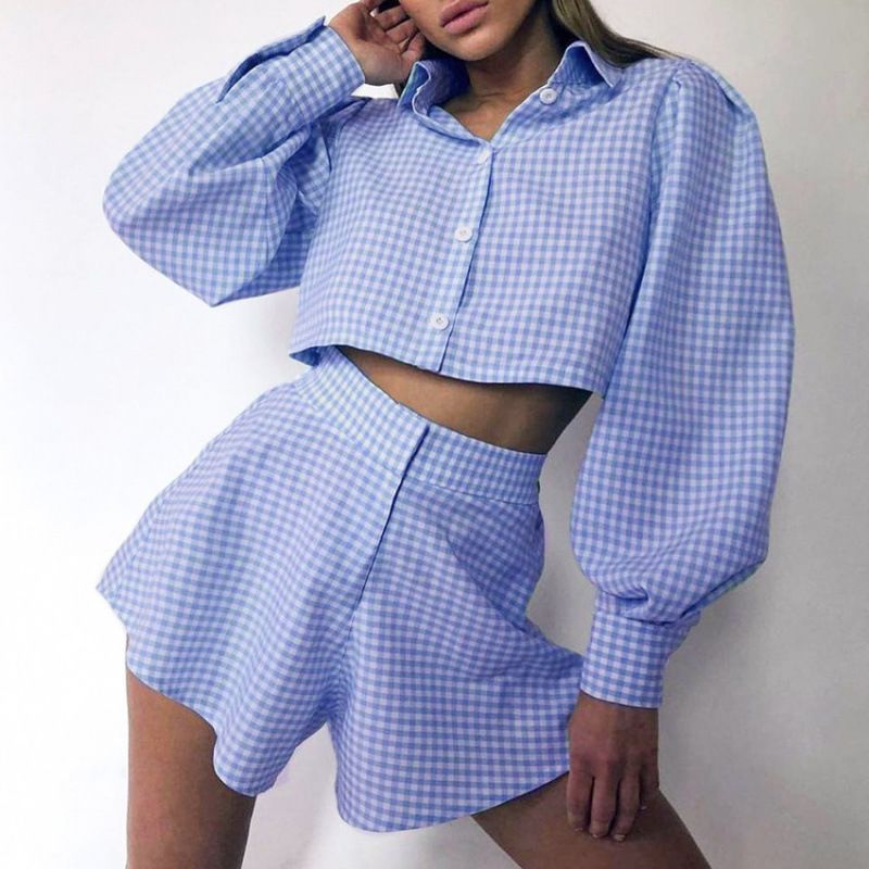 Spring/Summer Grid-Print Long-Sleeve Shirt & High-Waisted Wide-Stocking Pants Set Stylish, Personalized, And Casual_ecoleips.com
