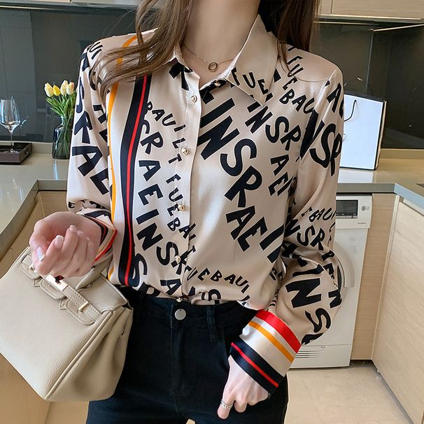 Women's Clothing Women's Long Sleeve Casual Top Letter Print Spring Summer Stylish Collared Shirt Long Sleeve For Formal & Casual_ecoleips.com