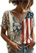 Women's Retro Independence Day Art Printed Linen Blended T-Shirt Flowers American Flag 250Th Anniversary V-Neck Shirt_ecoleips.com