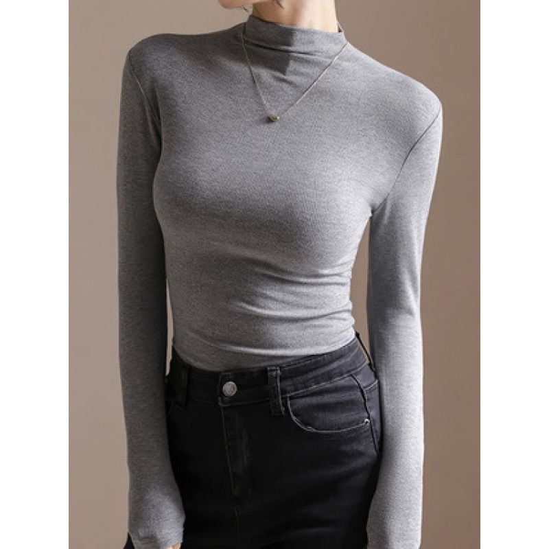 Women's Plus-Size Long-Sleeved T-Shirt With Half-High Collar, Stylish Pleated Design, Autumn-Winter Slimming Base Layer_ecoleips.com