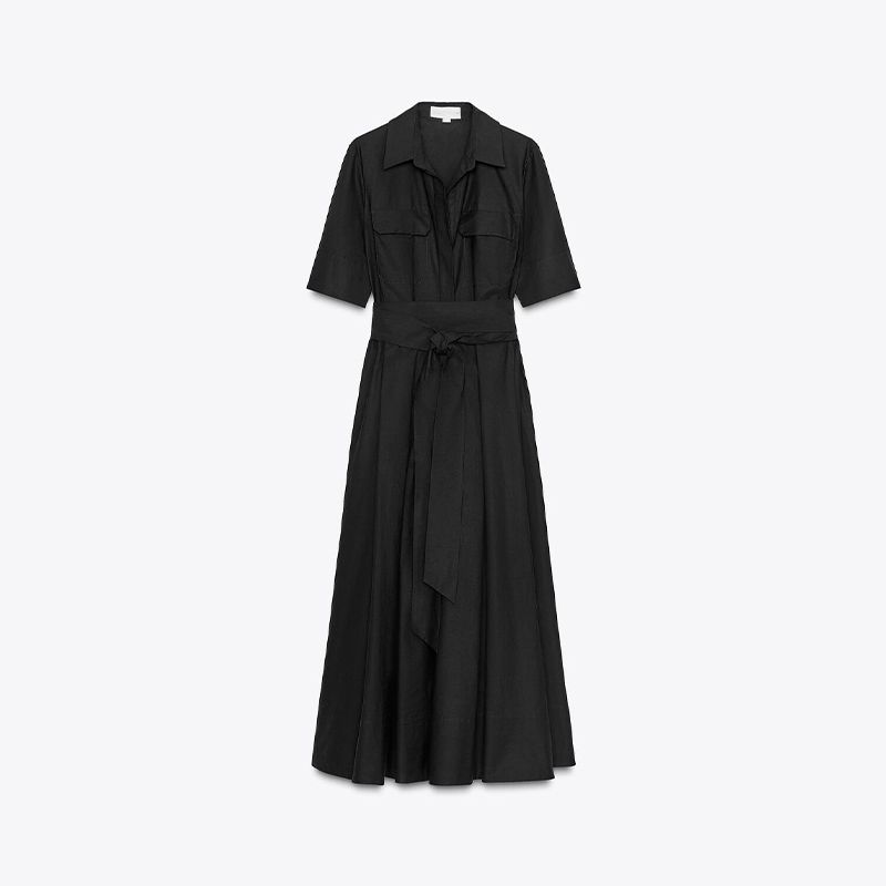 Elegant Belt Women Long Black Dress Full Sleeve Pleated Lapel Waist-Closed Female A Line Dresses 2026 Spring Lady Robes New_ecoleips.com
