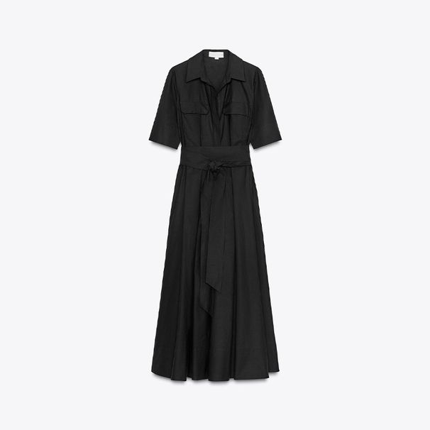 Elegant Belt Women Long Black Dress Full Sleeve Pleated Lapel Waist-Closed Female A Line Dresses 2026 Spring Lady Robes New_ecoleips.com