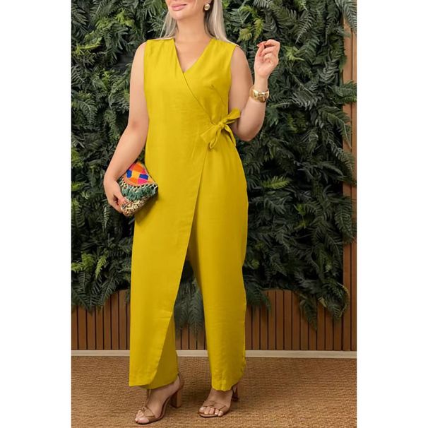 2025 Spring/Summer New Fashion Jumpsuit Women's Solid Color White V-Neck Sleeveless Lace-Up Casual Comfortable Wide-Leg Jumpsuit_ecoleips.com