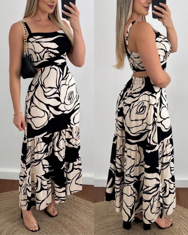 Women's Clothing New Stock Rose Pattern Hollow Suspender Dress_ecoleips.com